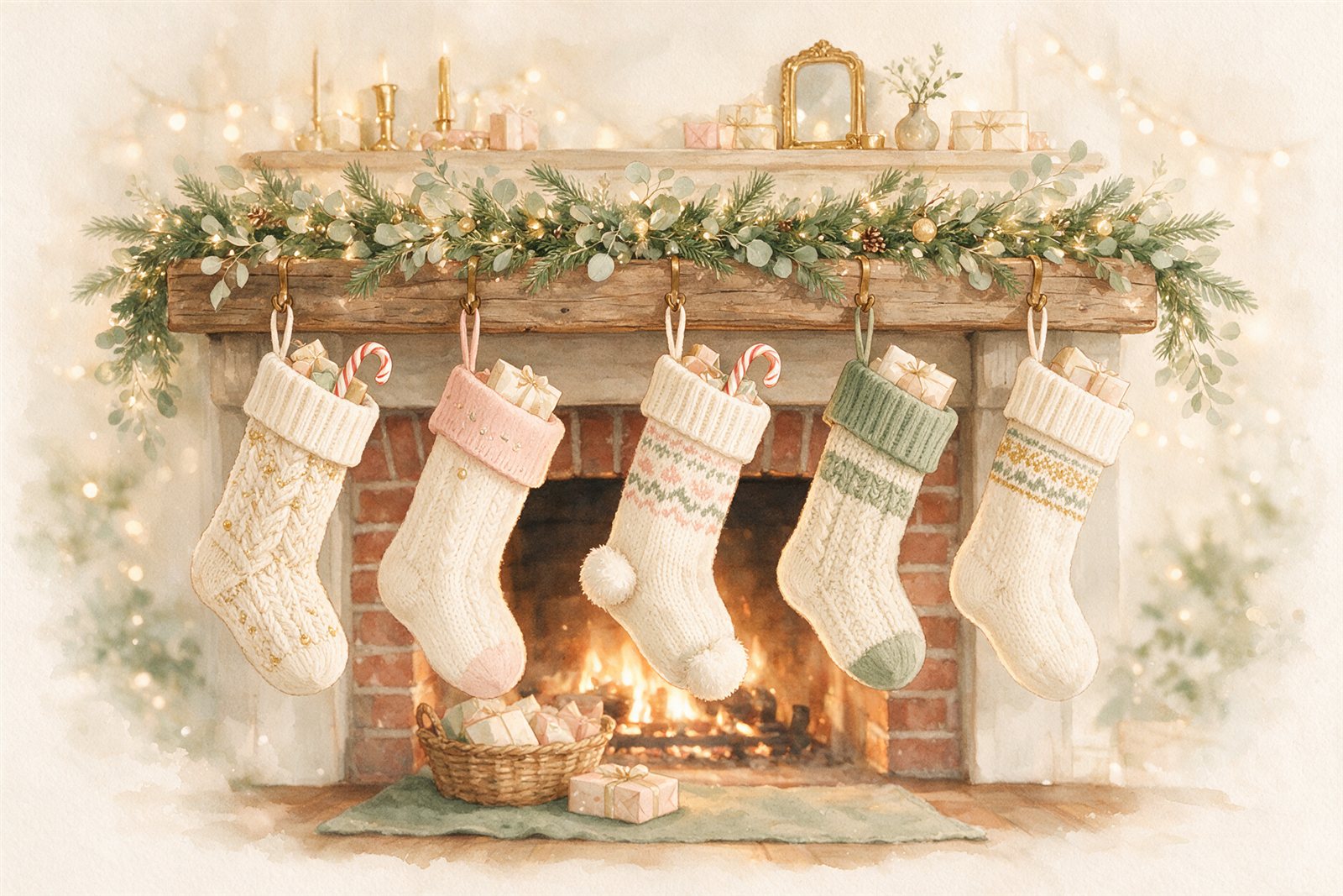 Fun stocking stuffer ideas by age: five knit stockings on a farmhouse mantel with small gifts and candy canes tucked inside