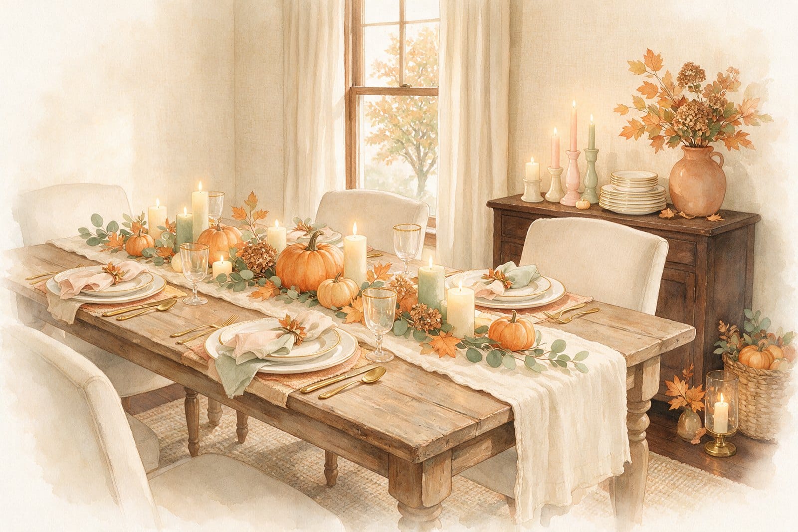 Hosting Thanksgiving checklist: a farmhouse dining table set the night before with linen runner, candles and small pumpkins