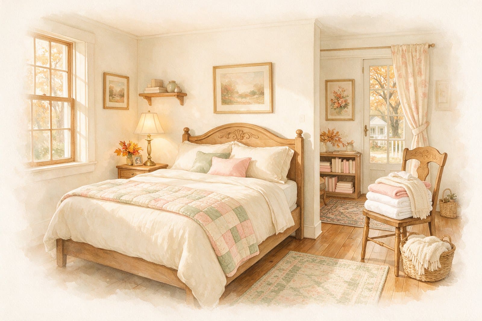 Guest room ready for Thanksgiving overnight guests with fresh towels, a quilt and a lamp, part of the 15-minute hosting checklist