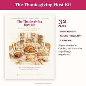 The Thanksgiving Host Kit cover with page count, instant download and app badges