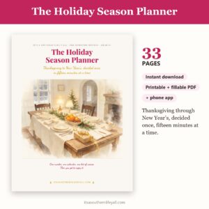 The Holiday Season Planner cover with page count, instant download and app badges