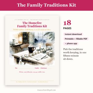 The Family Traditions Kit cover with page count, instant download and app badges