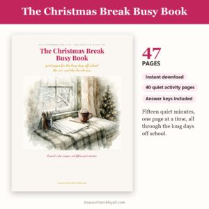 The Christmas Break Busy Book cover with page count, instant download and app badges