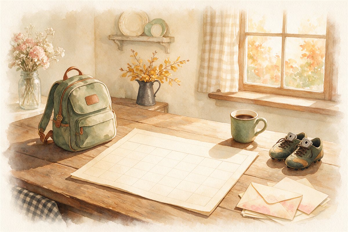 Kid-costs calendar budget template on a kitchen table beside a school backpack, soccer cleats and a birthday party invitation