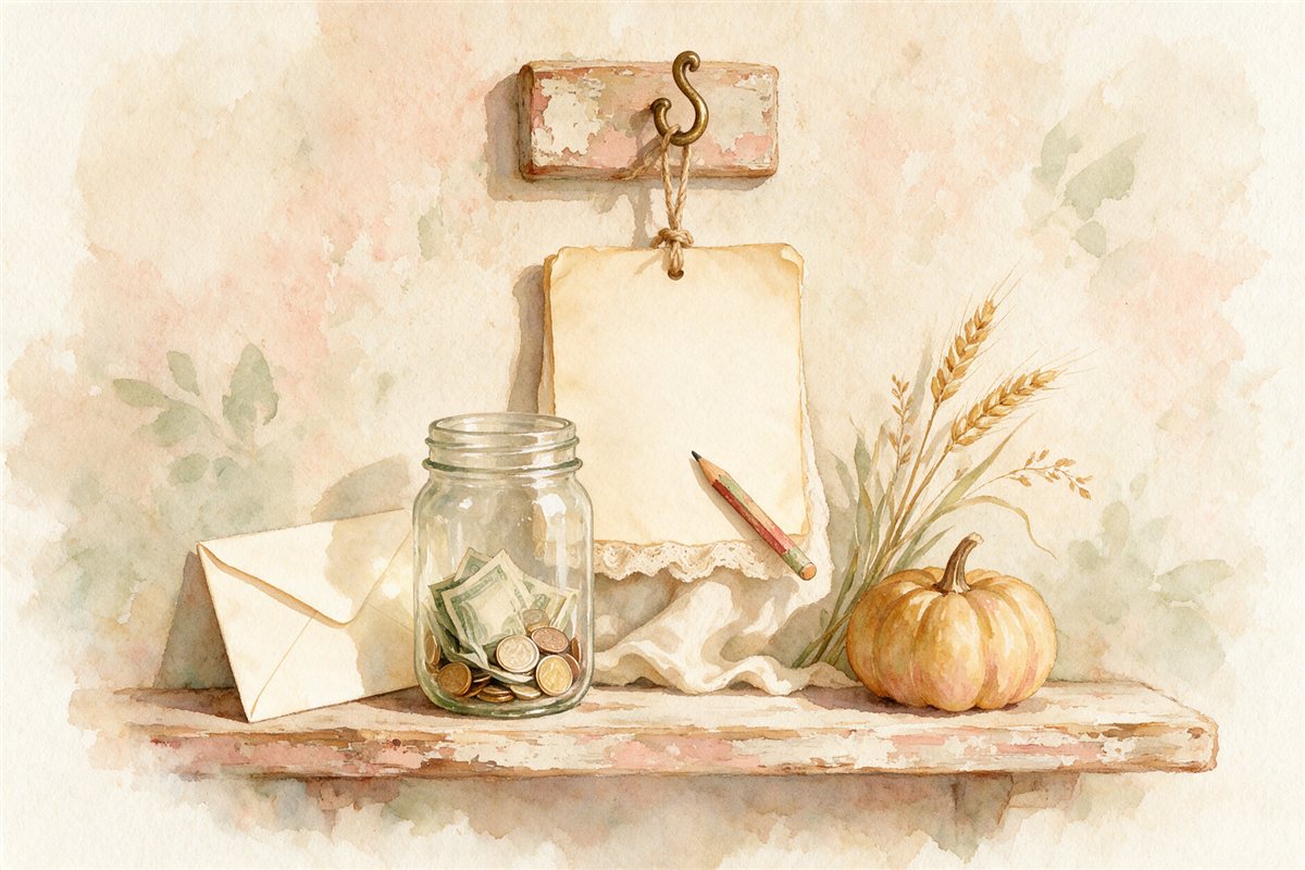 Kid-costs sinking fund: a jar of cash and an envelope beside a blank calendar page, where the monthly set-aside lives