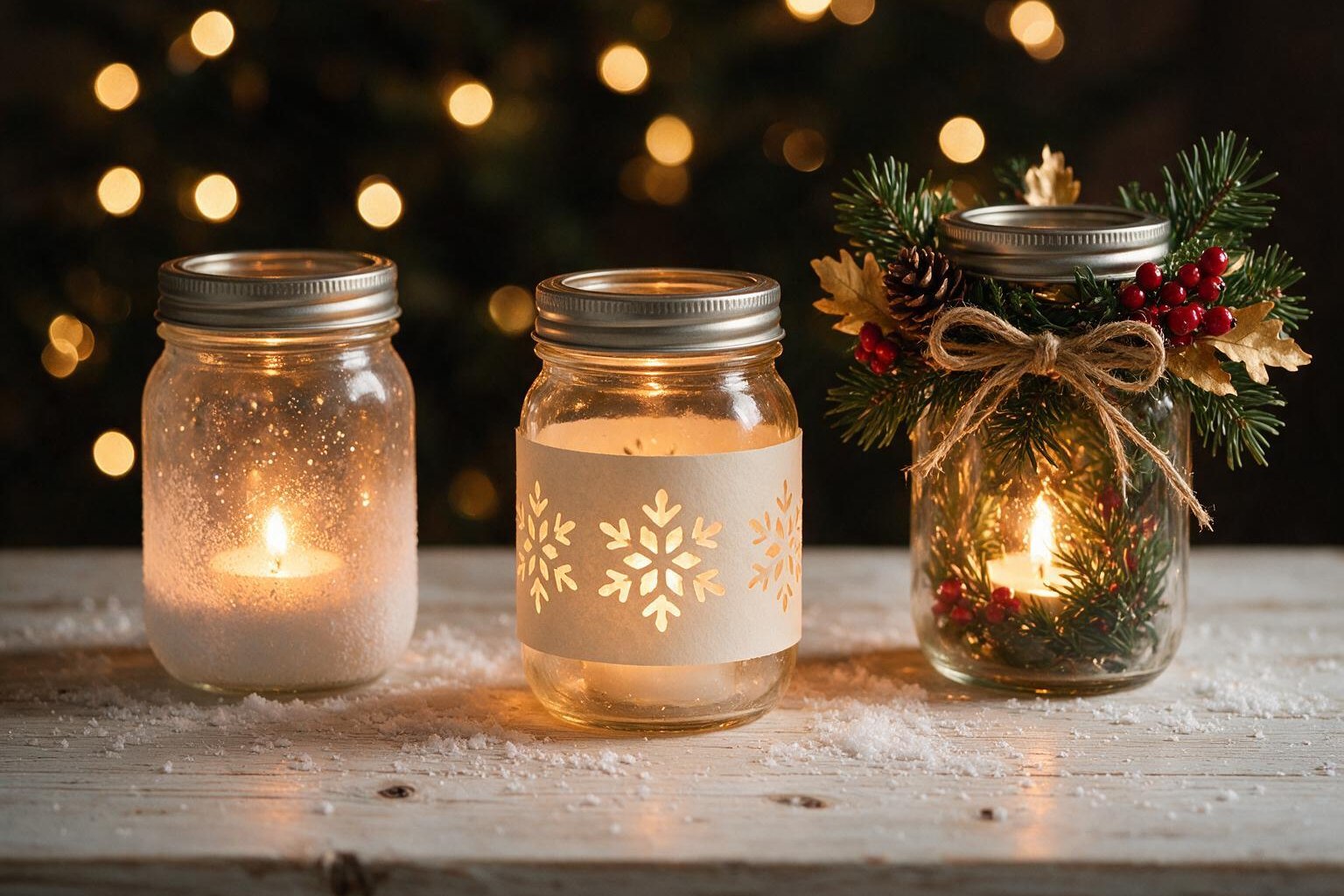 Mason jar Christmas luminaries in three finishes: frosted snow, ivory snowflake wrap, and greenery with a twine bow
