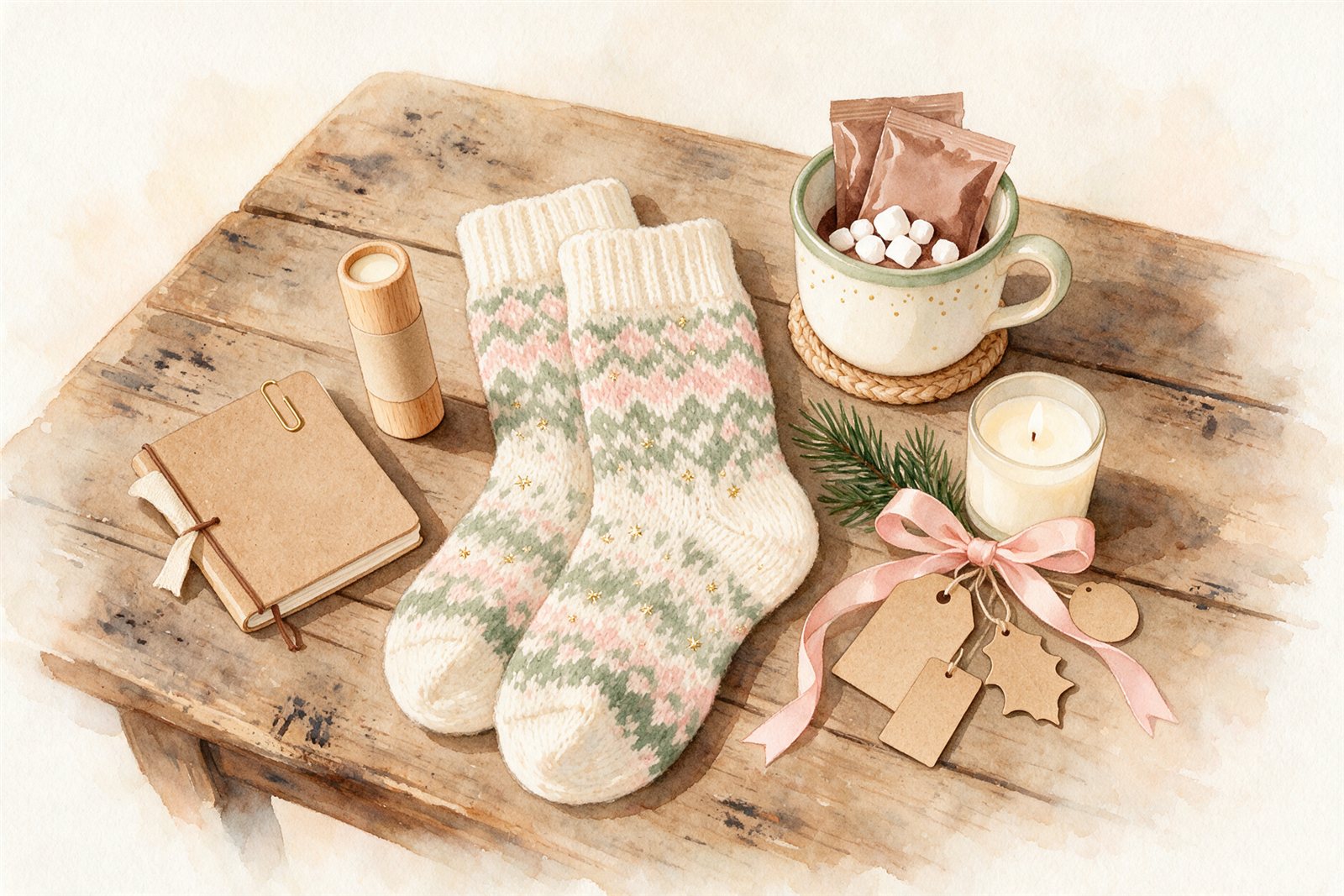 Stocking stuffer ideas flat lay: knit socks, cocoa packets in a mug, a candle, lip balm, a small notebook and kraft gift tags