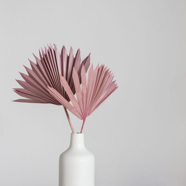 A white ceramic vase holding three pink dried palm leaves sits on a light gray marble surface against a plain light gray background.