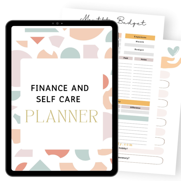 A tablet displaying a Finance and Self Care Planner cover with pastel geometric shapes, placed in front of a printed monthly budget worksheet featuring labeled sections for expenses, month, and notes.