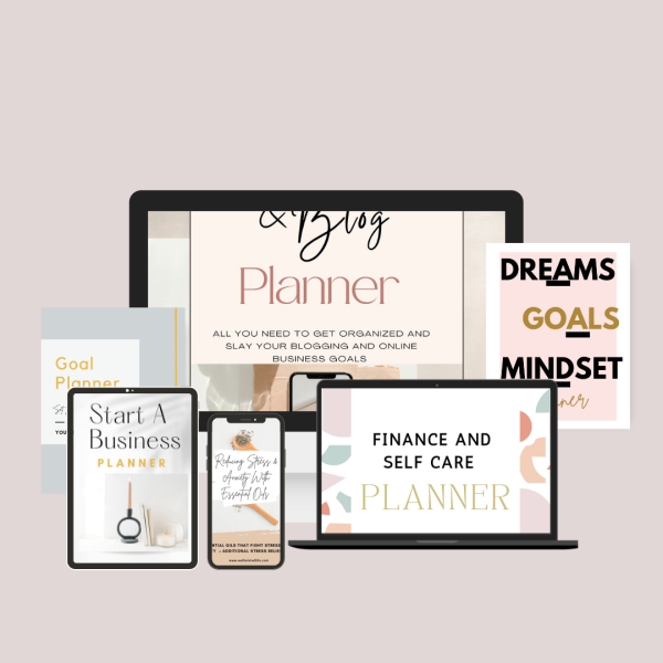 A collection of business planners and guides displayed on digital devices, including laptops, a tablet, a smartphone, and printed booklets with titles like Blog Planner, Finance and Self Care Planner, and Start a Business Planner.
