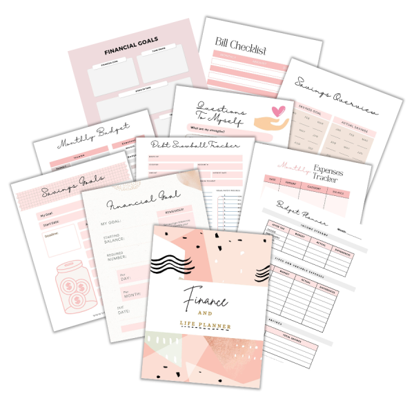 A set of pink and white finance planner printables, including pages for financial goals, bill checklist, expense tracker, savings overview, and debt tracker, displayed in a fanned arrangement.